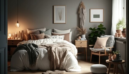 A cozy bedroom interior decorated in Scandinavian style, with natural wood furniture and minimalistic decor. Generative AI illustration.