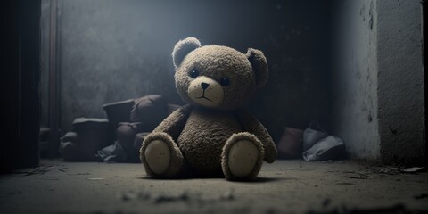 Childs toy or stuffed animal in dark eerie setting representing innocence of childhood in creepy or unsettling environment, created with Generative AI technology