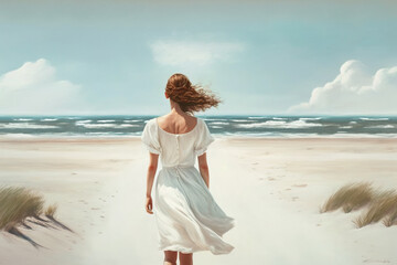 Young woman walks on beach alone, girl wearing white dress by sea, generative AI. - obrazy, fototapety, plakaty