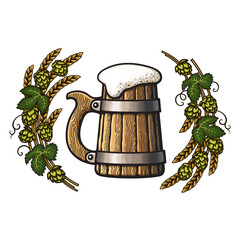 Old wooden mug of beer in frame of hop branches. Hand drawn vector illustration isolated on white background.