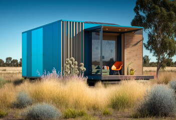 Modern Tiny Home Designs: AI-Generated Exterior Renderings of Eco-Friendly Prefab Flat-Pack DIY Kits for Compact Living Spaces - obrazy, fototapety, plakaty