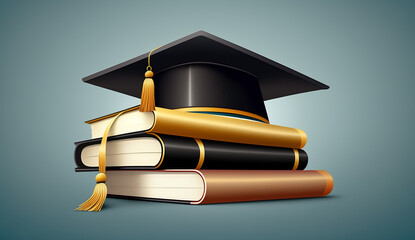 Illustration of stylized graduation cap on stack of books. Generative AI.