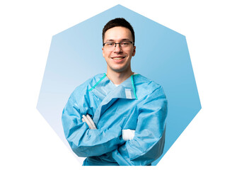 A young doctor in a bathrobe in icons, transparent background, png.