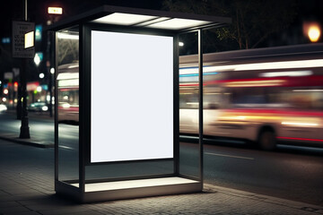 Mockup of blank advertising light box on bus stop on blurred city street background, generative AI