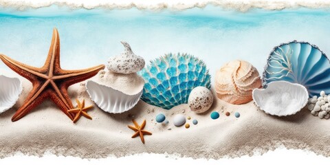 Fototapeta na wymiar Beautiful Beach Sea Themed Banner or Header with Shells, Corals, and Starfish on Pure White Sand - Generative AI