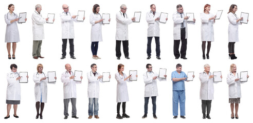 full length group of doctors with notepad isolated