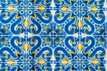 Gordijnen Retro Portuguese Or Spanish Tile Mosaic, Mediterranean Navy Blue And Yellow. Vector Azulejo Tile Pattern. Backgrounds And Textures © Nanci