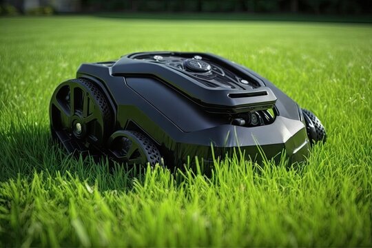 Black Robotic Lawnmower on Green Fresh Lawn - Generative AI