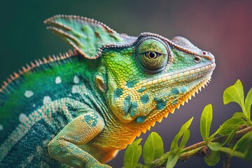 Fototapeta premium Portrait of a chameleon with bright exotic skin in green colors. Generative AI