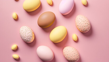 Fototapeta na wymiar Pastel Easter eggs on warm pink background top view. Flat layout style 