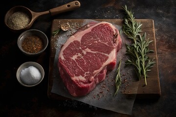 Fresh marbled beef rib eye steak and spices. Generative AI
