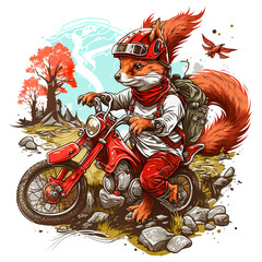 A curious and adventurous squirrel t-shirt Vector, discovering new trails on a red motorcross bike, with a map and compass in hand