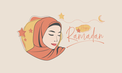 Happy ramadan kareem illustration vector banner. Beautiful hijab women's day