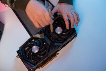 Dirty cooler ventilation system unit computer, cleaning from dust.