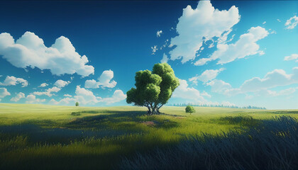 Realistic lonely meadow with blue sky and clouds background, Generative AI