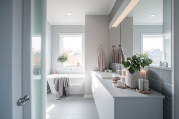 Fototapeta na wymiar Interior of a modern bathroom in bright colors in Scandinavian style. Generative AI