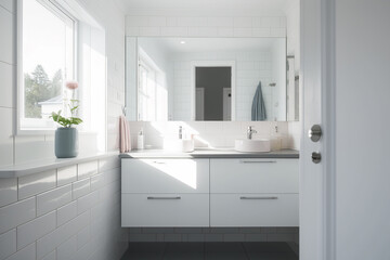Fototapeta na wymiar Interior of a modern bathroom in bright colors in Scandinavian style. Generative AI