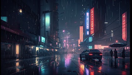 Digital Dystopia: Dark Rainy Day in a Japanese Futuristic City - Skyscrapers, Neon Lights, and Advanced Technology on Tour in Tokyo: Generative AI