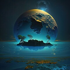Captivating  Fantasy Landscape of Alien Planet Earth: a Glowing Blue Globe in an Expansive Night Sky. Generative AI