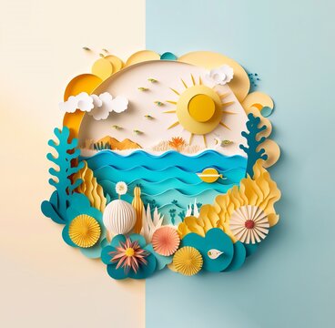 Sea waves, ship and tropical beach in paper art style. Travel concept illustration. 