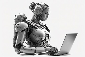 Robot woman with laptop on white background. Generative AI