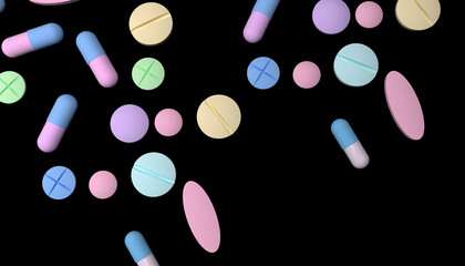 Set of different pills and tablets isolated on black background. Medical background, top view, healthcare and medicine. Falling medicine pills. Background from colorful pills and capsules.