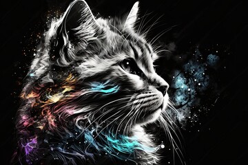 Fantastic Domestic Cat Kitten with White Fur, Whiskers & Colorful Splashes: Purr, Meow & Shine in the Darkness: Generative AI