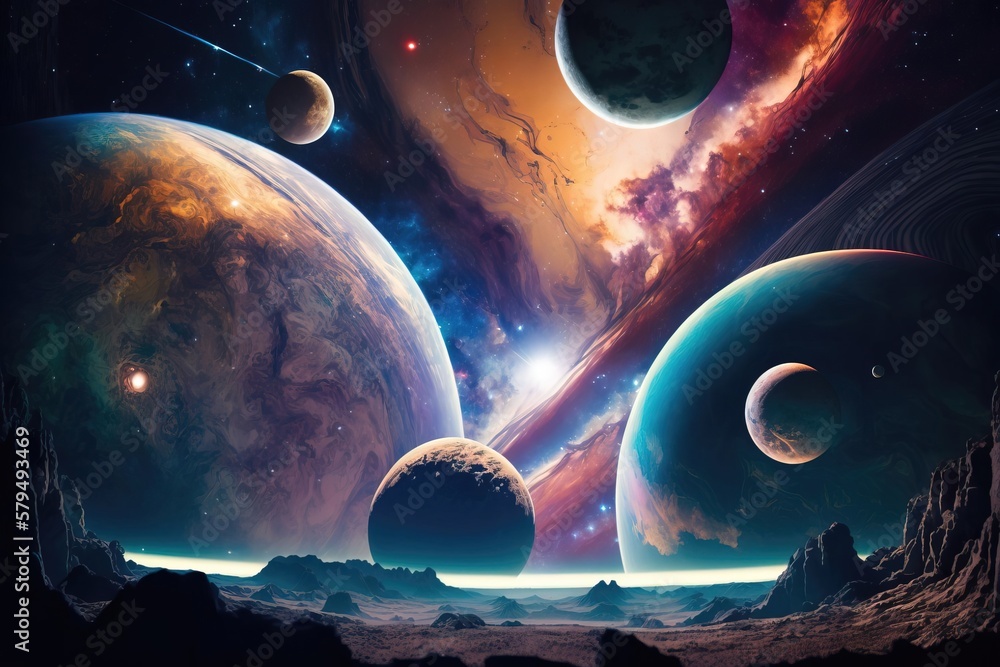Poster cosmic galaxy with planets and space objects. generative ai