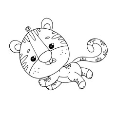 Linear sketch, coloring of a little tiger cub. Vector graphics.