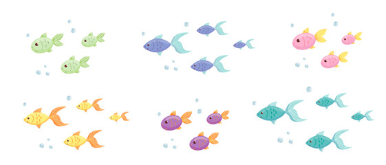 Cartoon schools of fish, vector graphics.