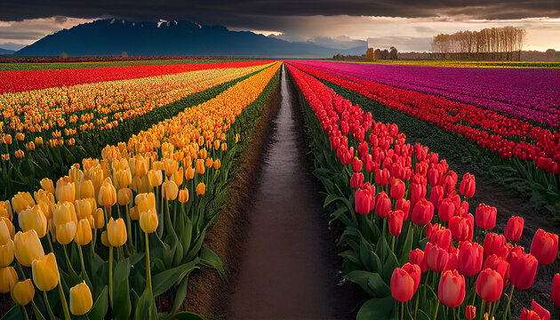 Rows of Tulips on the Countryside Generative AI