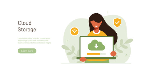 Cloud technology illustration concept. People exchanging files via Internet. Cloud service, online data storage and transfer, information backup. Modern flat vector illustration.