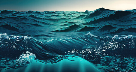 A dark blue seawater surface with small waves. Ocean water background or backdrop. Generative AI illustration.