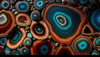 Generative AI, natural volcanic agate stones close-up turquoise, brown and orange texture. Wallpaper background, quartz marble, decorative rock pattern - obrazy, fototapety, plakaty