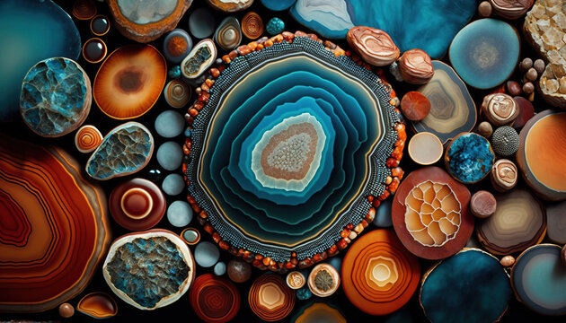 Generative AI, natural volcanic agate stones close-up turquoise, brown and orange texture. Wallpaper background, quartz marble, decorative rock pattern