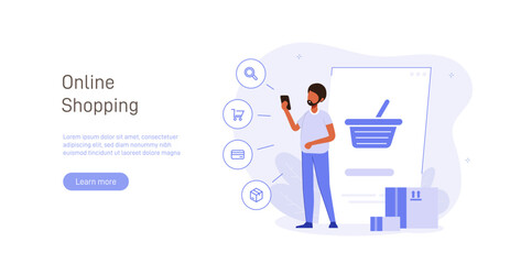 Shopping illustration concept. Woman makes purchases through mobile version of application or website in online store. Shopping creative flat vector.