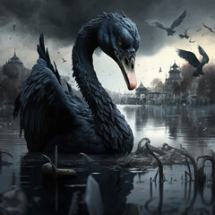 Black swan with red eyes swims in a black river against a background of crows. Symbol of trouble, tragedy, collapse. Illustration in black tones. 3d vector. Image