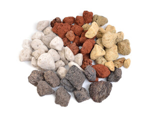 Different colours Porous volcanic rock isolated on white background. Lava stone, pumice stone
