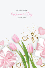 Happy Women's Day greeting card. Postcard for March 8. Pink Tulips with a gift