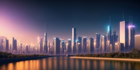 Fototapeta premium Futuristic city panoramic landscape with river. Generative AI