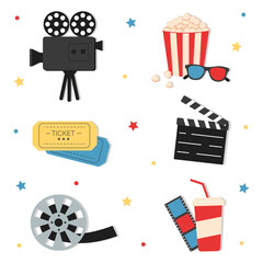 Collection of elements on the theme of the movie. Camera, popcorn, drink, cinema, clapperboard. Movies premiere ticket cinematography. Vector illustration