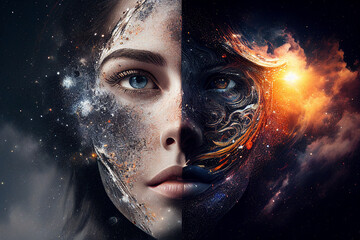 two side of face, good and evil, light and darkness, the dual nature of the world, ai generated