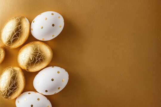 Decorated golden easter eggs gold background, flat lay. Free space for text. Easter card template. Generative AI