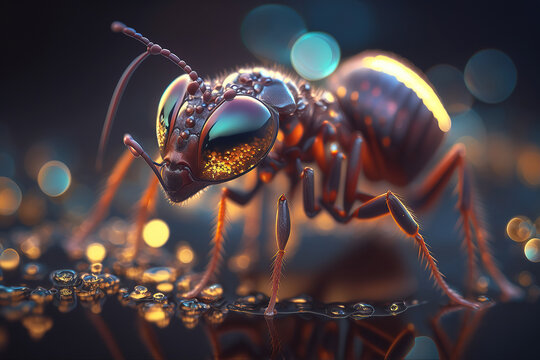 Macro photography of an ant with nice bokeh. Generative AI