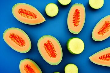 3d cantaloupe fruit and sundae takeout cups. Summer frozen dessert elements isolated on blue background - generative ai