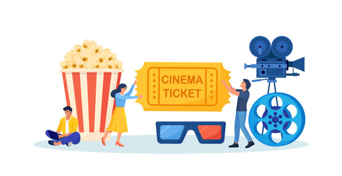 People booking cinema ticket. Mobile movie theater. Man watching online cinema with popcorn bucket, 3d glasses and camera, film strip. Cinematography. Film production. Premiere show announcement