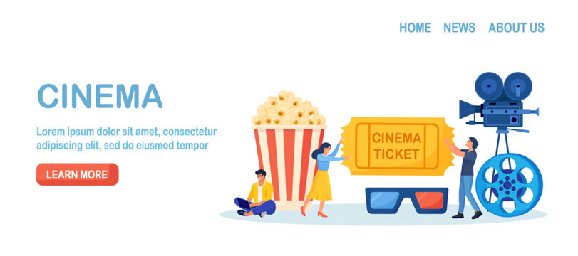 People booking cinema ticket. Mobile movie theater. Man watching online cinema with popcorn bucket, 3d glasses and camera, film strip. Cinematography. Film production. Premiere show announcement
