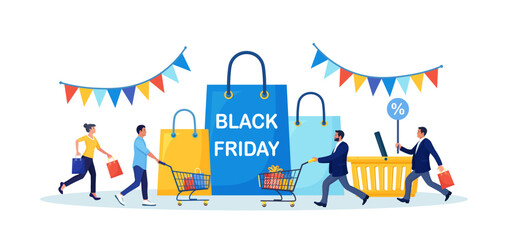 Black Friday Sale Event. People Buy on Big Discount Sales. Customers Running with Shopping Bags, Trolley, Cart with Gift Boxes and Big Packages on Background. E-commerce and Online Shopping