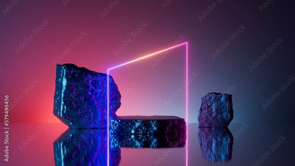 Poster 3d render, abstract minimalist geometric background with cobble stone rocks, glowing neon linear arc