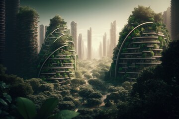 A sustainable, eco city, covered in green. Generative AI.